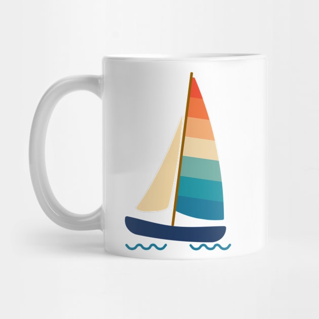 Beach Catamaran sailboat in summer. Retro 70s and 80s color style on white background. by Nalidsa